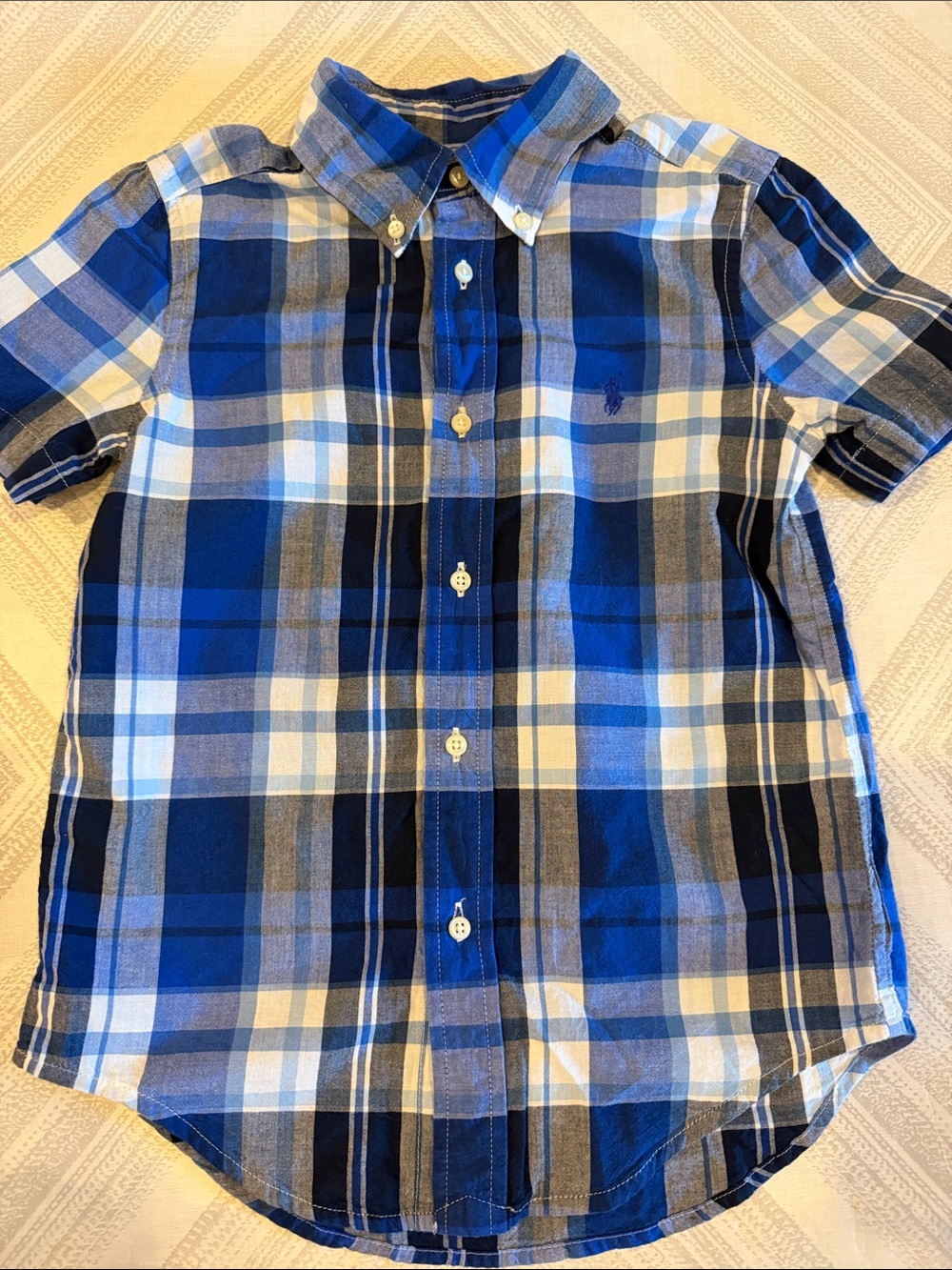 Ralph Lauren Boys Blue & White Plaid Short Sleeve Button-Down Shirt Size 5